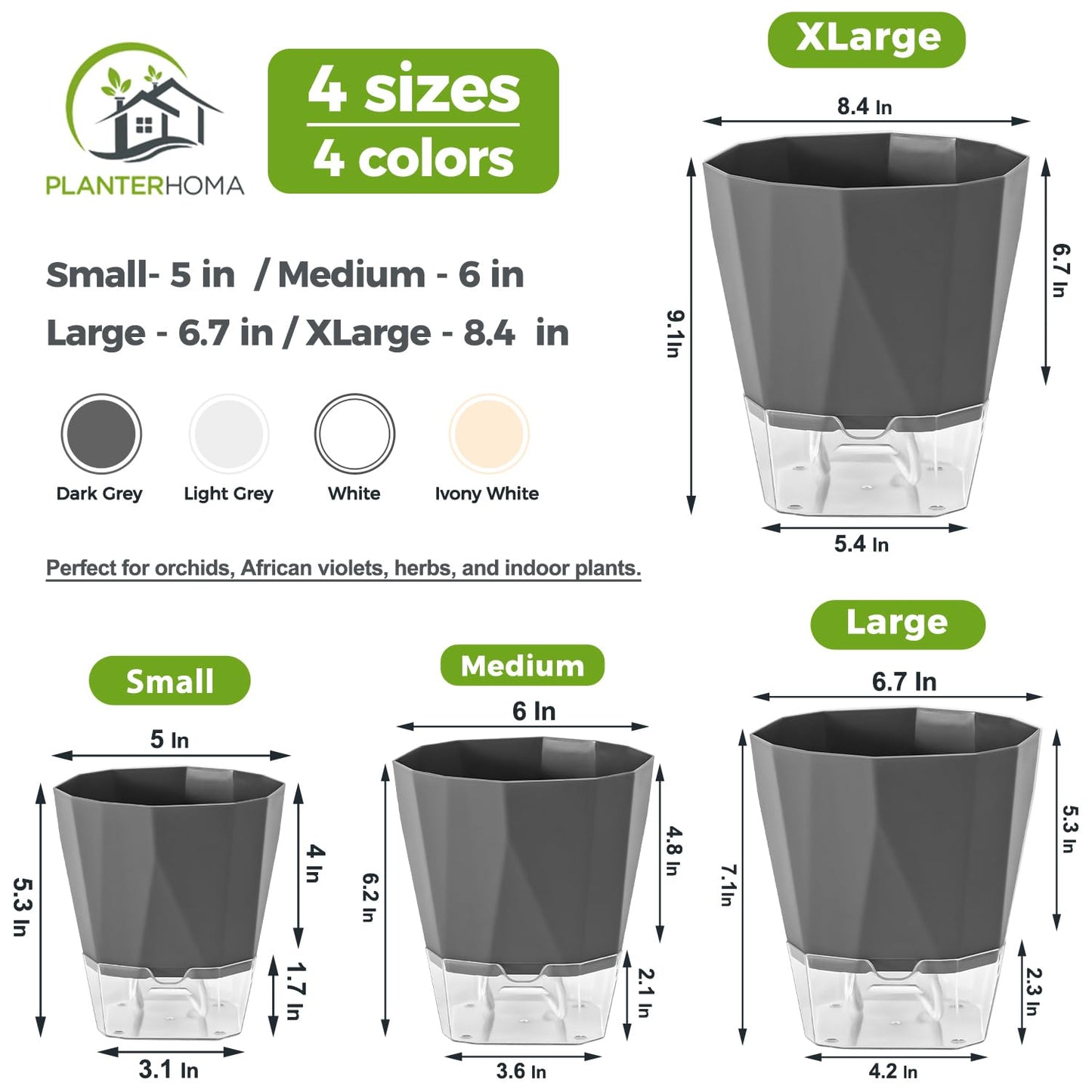 6 Pack Self Watering Pots for Indoor Plants, 5 Inches Self Watering Planters African Violet Self Watering Clear Pots for Plants Herb Orchid Flower Houseplant, Dark Grey