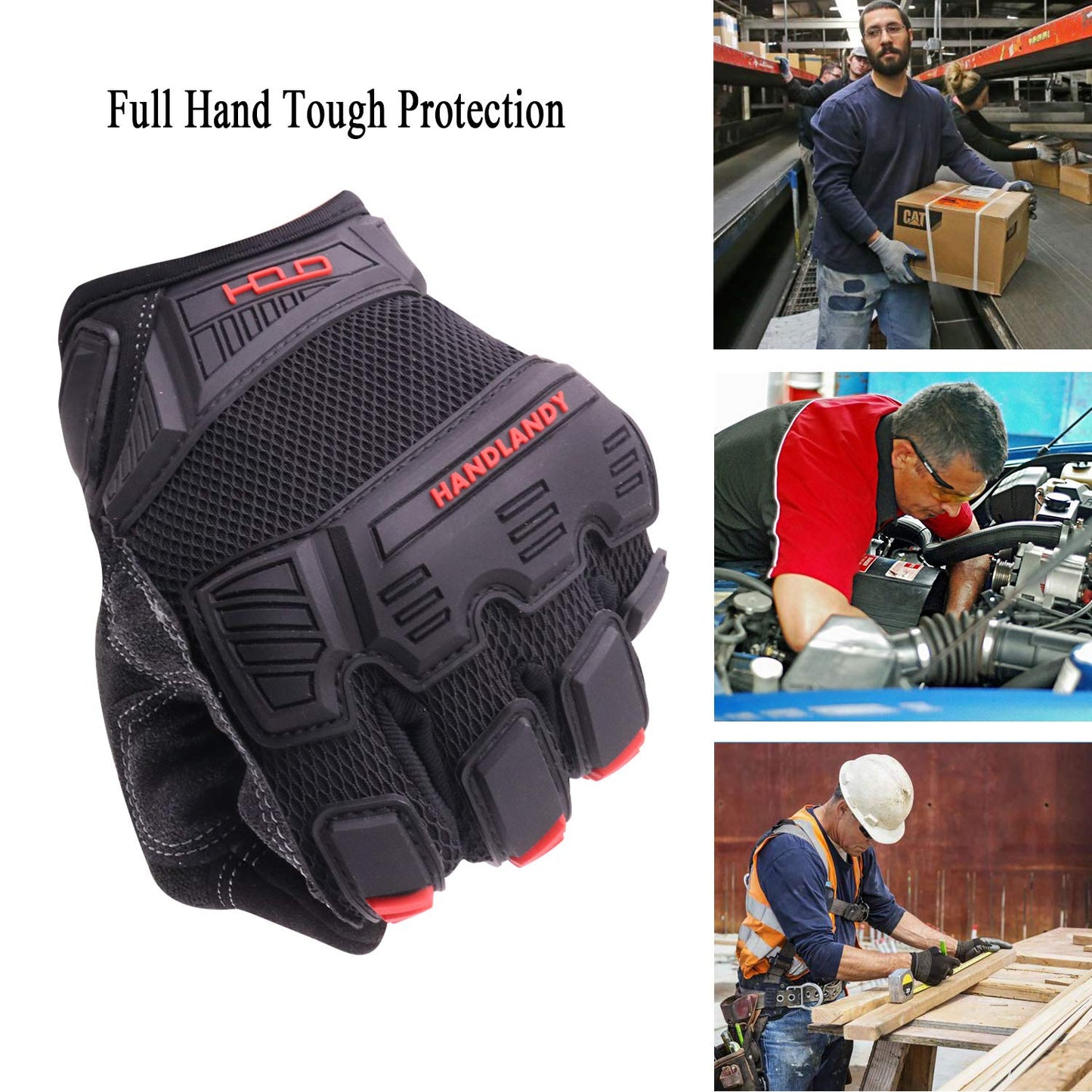 HANDLANDY Mens Work Gloves Touch screen, Utility Mechanic Gloves, Flexible Breathable Fit- Padded Knuckles & Palm (Black & Red, Large)
