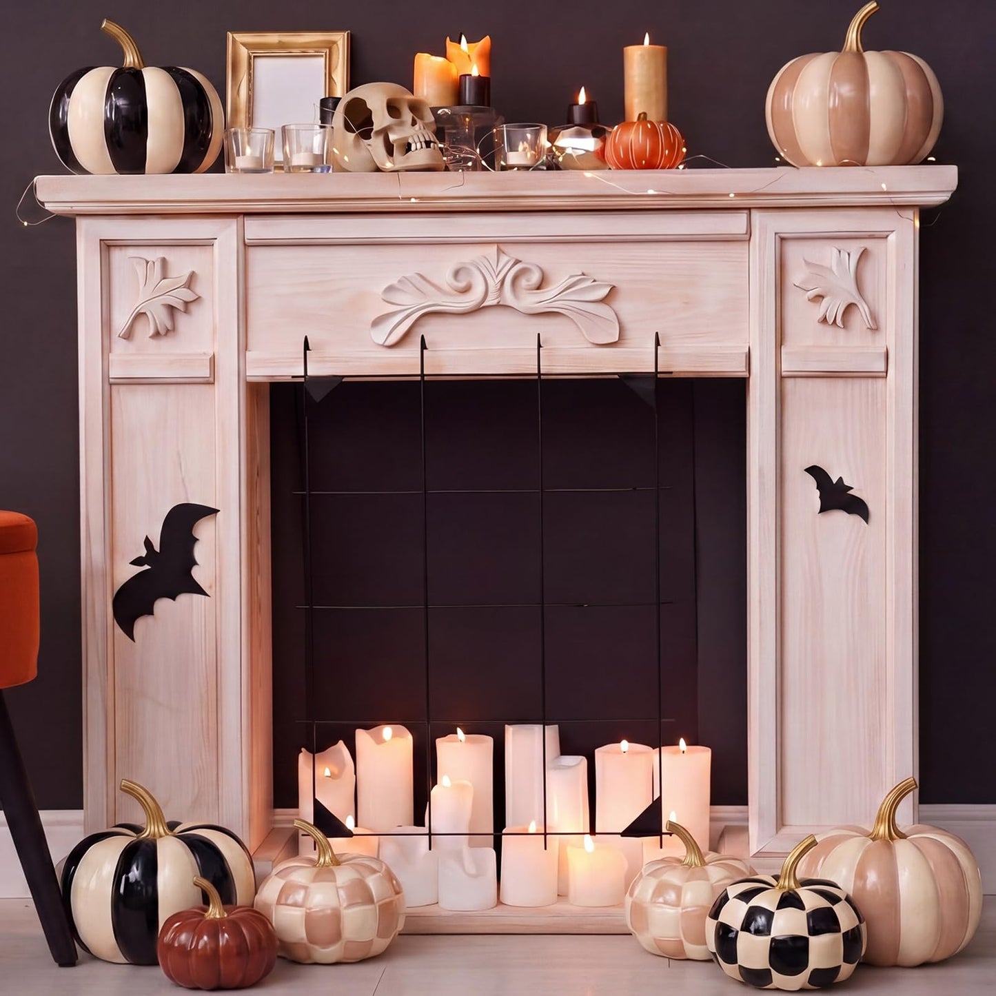 Pinkunn 6 Pcs Halloween Black and White Pumpkins Fall Decor White and Brown Yellow Checkered Striped Resin Pumpkin Decoration for Thanksgiving Autumn Farmhouse Porch Decorations Table Centerpieces