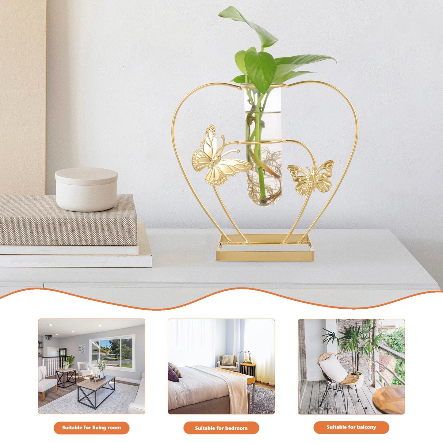 IMIKEYA Glass Plant Terrarium with Metal Frame and Heart-Shaped Insect Motif, Hydroponic Flower Holder for Home Décor, Desktop Decorative Glass Vase for Living Room and Office