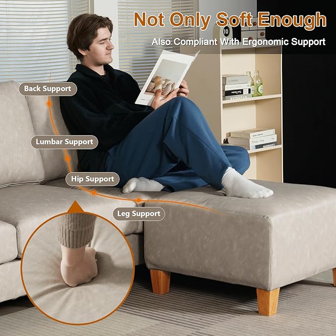 EASE MOOSE Large Seat Faux Leather L Shaped Sofa, Waterproof and