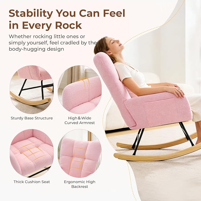 DUMOS Nursery Rocking Chair Teddy Upholstered, Comfy Glider Rocker