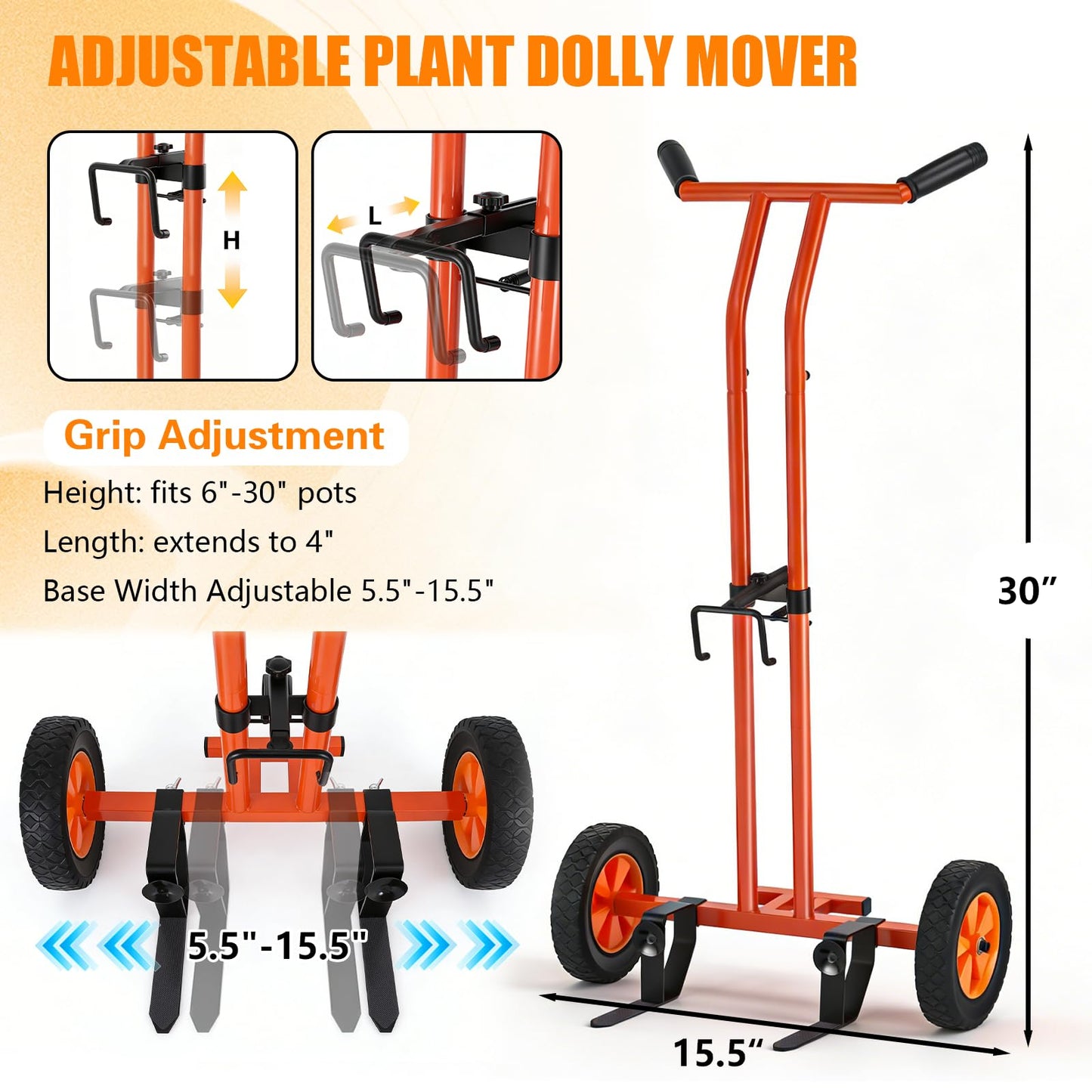 Plant Caddy with Wheels Heavy Duty Plant Dolly Cart with Non-Slip Silicone Grids Adjustable Arm, Straps, Suction Cup, Supports Plants Up to 175 lbs Indoor Outdoor T-Handle Plant Mover for Pots, Orange