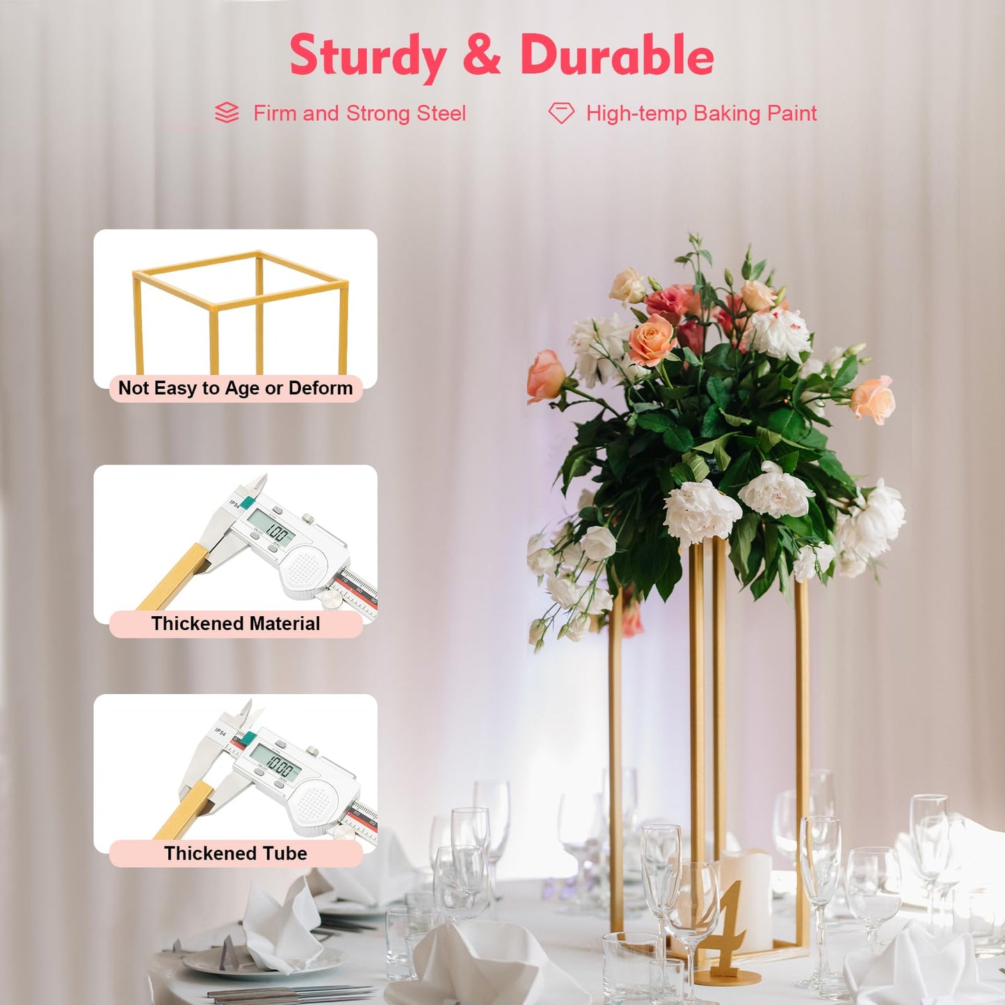 4 Pcs Inweder Column Vases Wedding Centerpieces, Different Sizes Gold Floor Vase, Tall Metal Vase Column, Rectangular Geometric Flower Rack，for Wedding Decorations, Event, Home, Party(16",24",32",40")