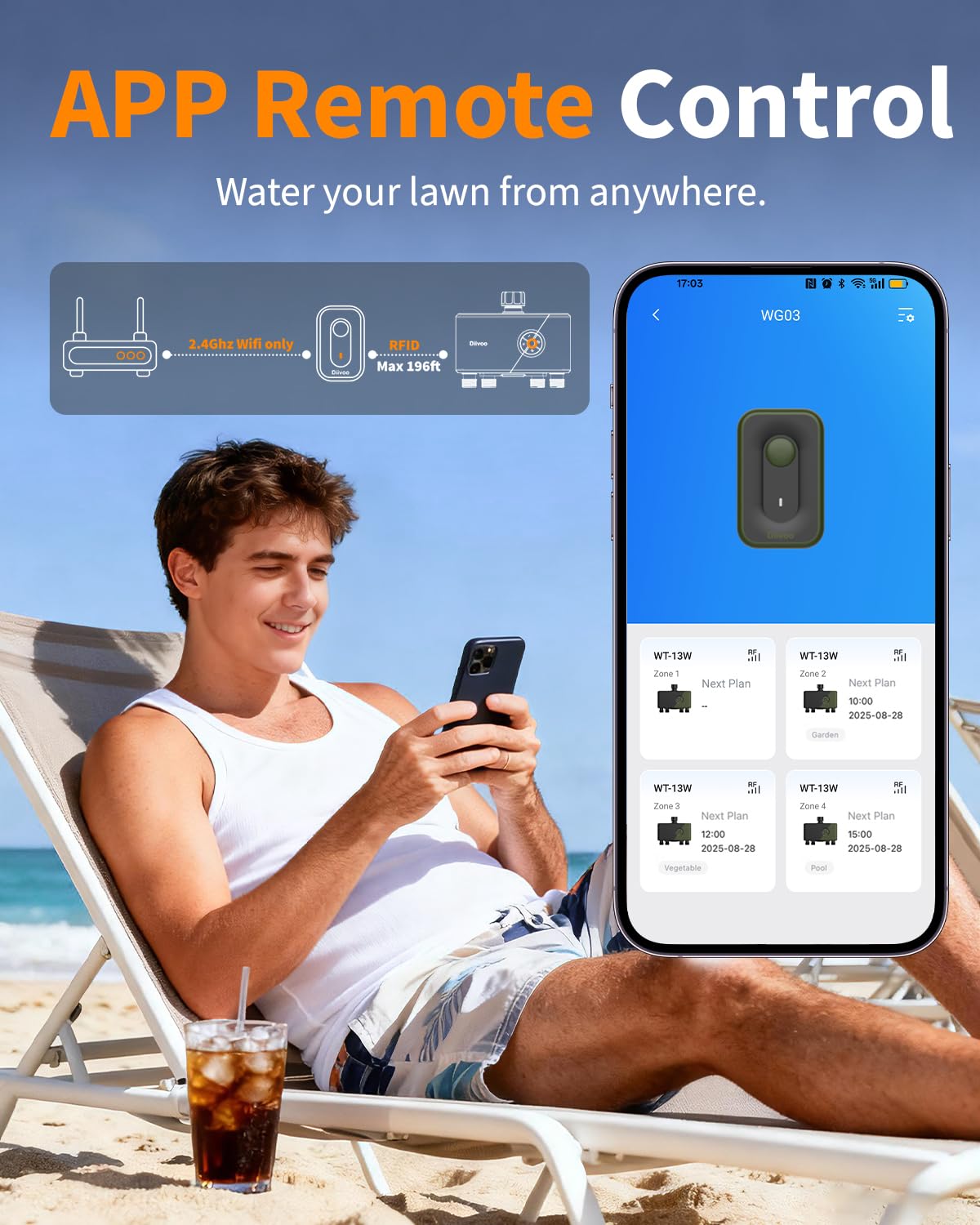 Diivoo 4 Zone WiFi Water Timer with Brass Inlet, Smart Hose Sprinkler Timer 4 Outlets Compatible with Alexa/Google Assistant, 24 Irrigation Plans, Rain Delay & Mist Mode for Garden Lawns (2.4GHz Only)