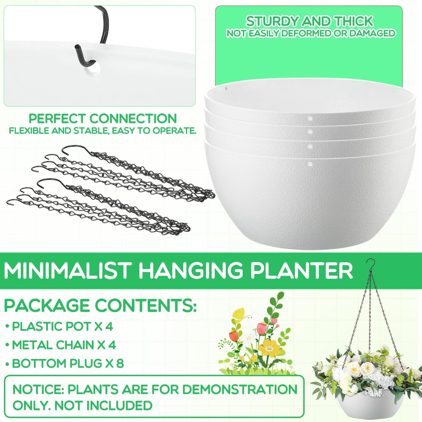 Maxcheck 4 Pack 13 Inch Large Hanging Planters Indoor Outdoor Flower Pots, Plant Containers with Drainage Hole Round Hanging Plant Pot for Home Garden Porch Balcony Patio Decor (White)