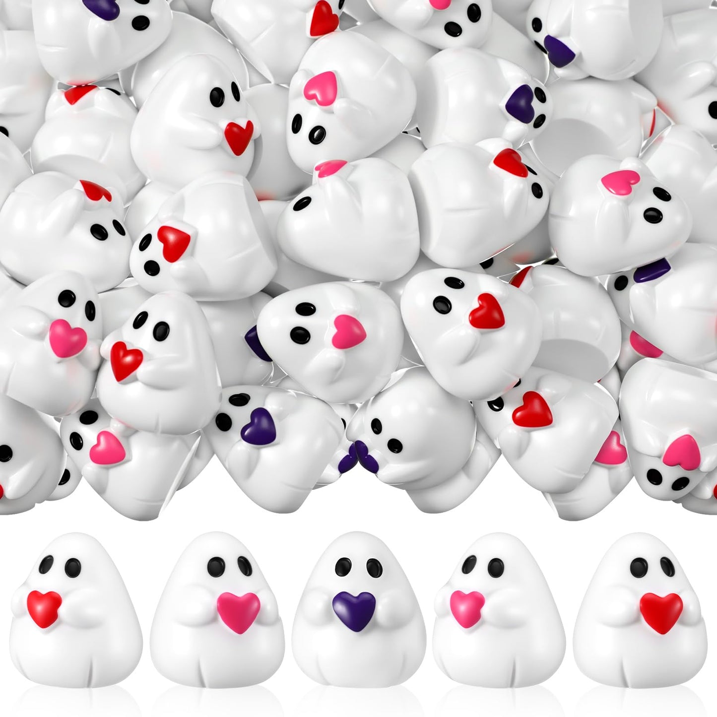 Soulchen 60 Pcs Mini Ghost Figurines Cute Miniatures Tiny Resin Ghost with Red Heart Little Small Resin Figures for Desktop Cake Landscape Decor Mother's Day Party Gifts(Pink,Purple,Red)