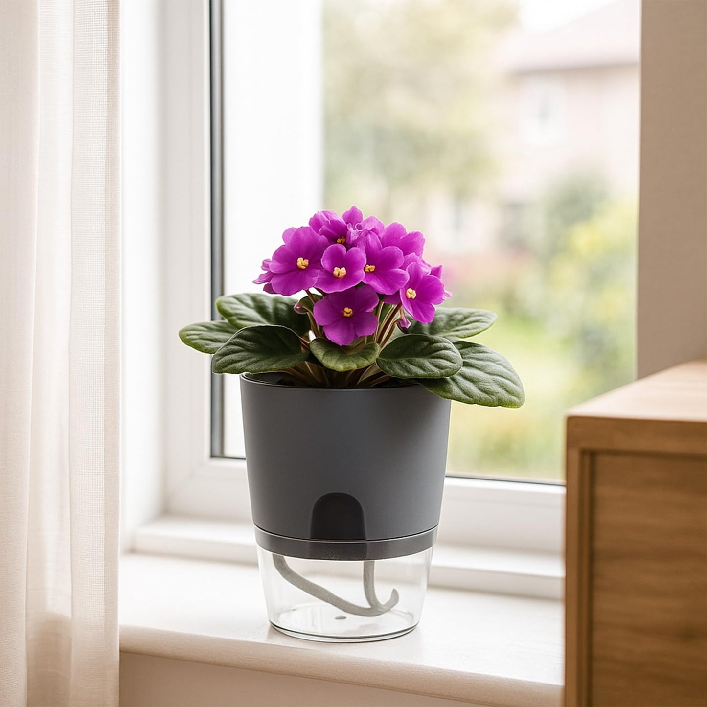 5 Pack Self Watering Pots for Indoor Plants, PlanterHoma 4 Inch Plant Pot Plastic Self Watering Planter for Orchid, African Violet, Small Clear Flower Pots with Drainage Holes and Wicking Rope, Grey