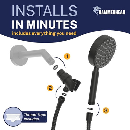 HammerHead Showers® Solid Metal LOW FLOW Handheld Shower Head with Hose and Brass Holder - MATTE BLACK – Water Saving 1.75 GPM Detachable Shower Head - Adjustable Shower Wand Bracket & 6ft Hose