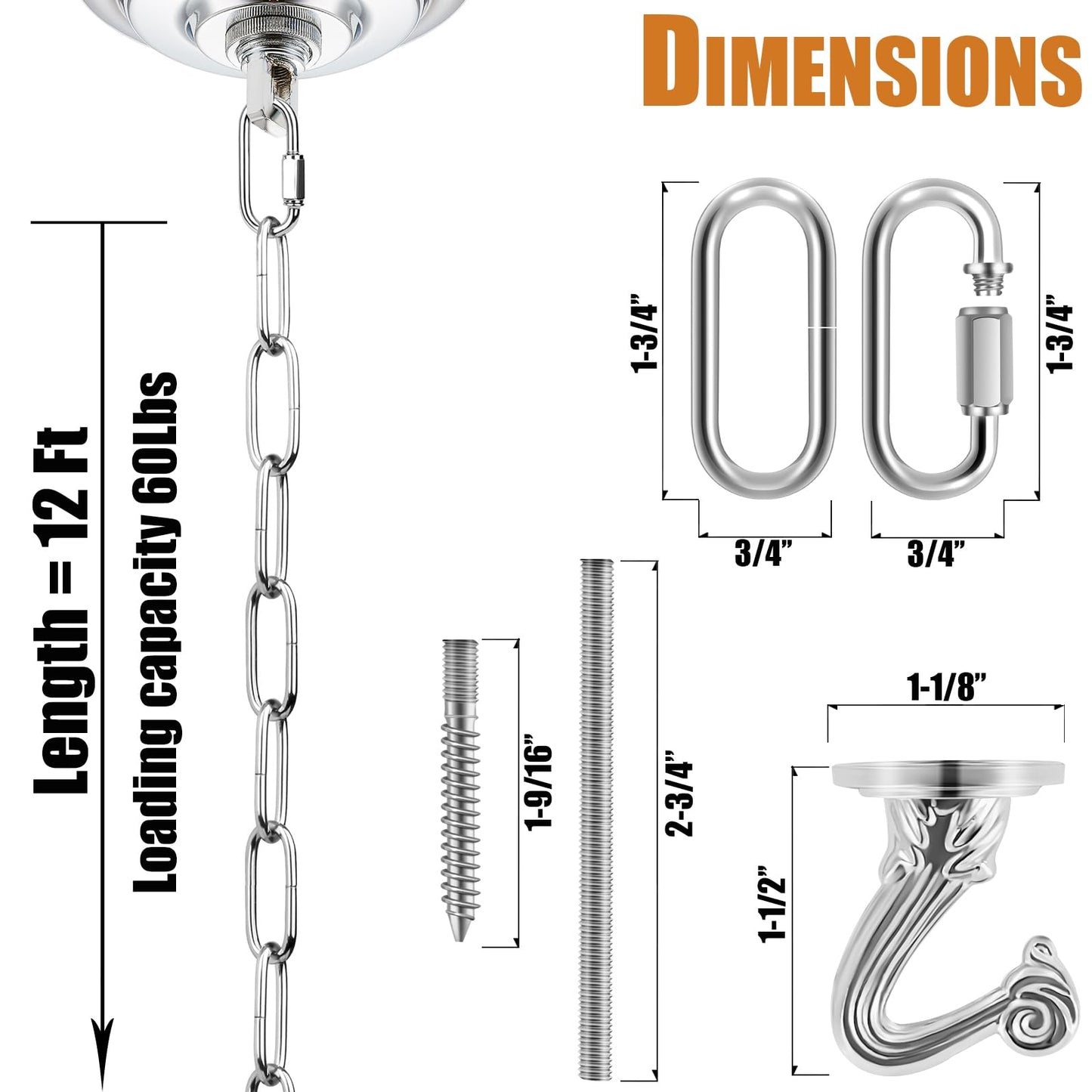 Omytie 12 Ft Heavy Duty Hanging Chain Kit with Connection Locks & Swag Ceiling Hooks for Lighting Fixture, Chandelier, Pendant, Lantern, Swag Lamp, Plant/Flower/Fruit Basket, Bird Feeder (Chrome)