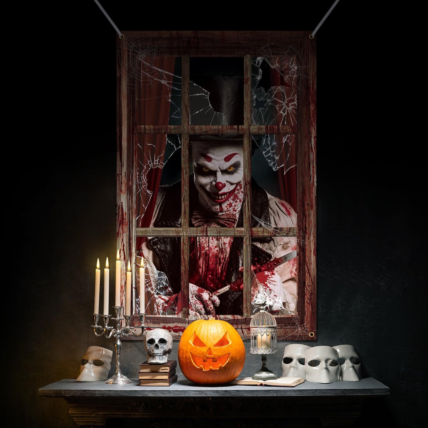 Newwiee 2 Pcs Scary Halloween Curtain Window Silhouette Cover Decoration Theme Poster for Indoor Outdoor Party Wall Door(Blood Clown)