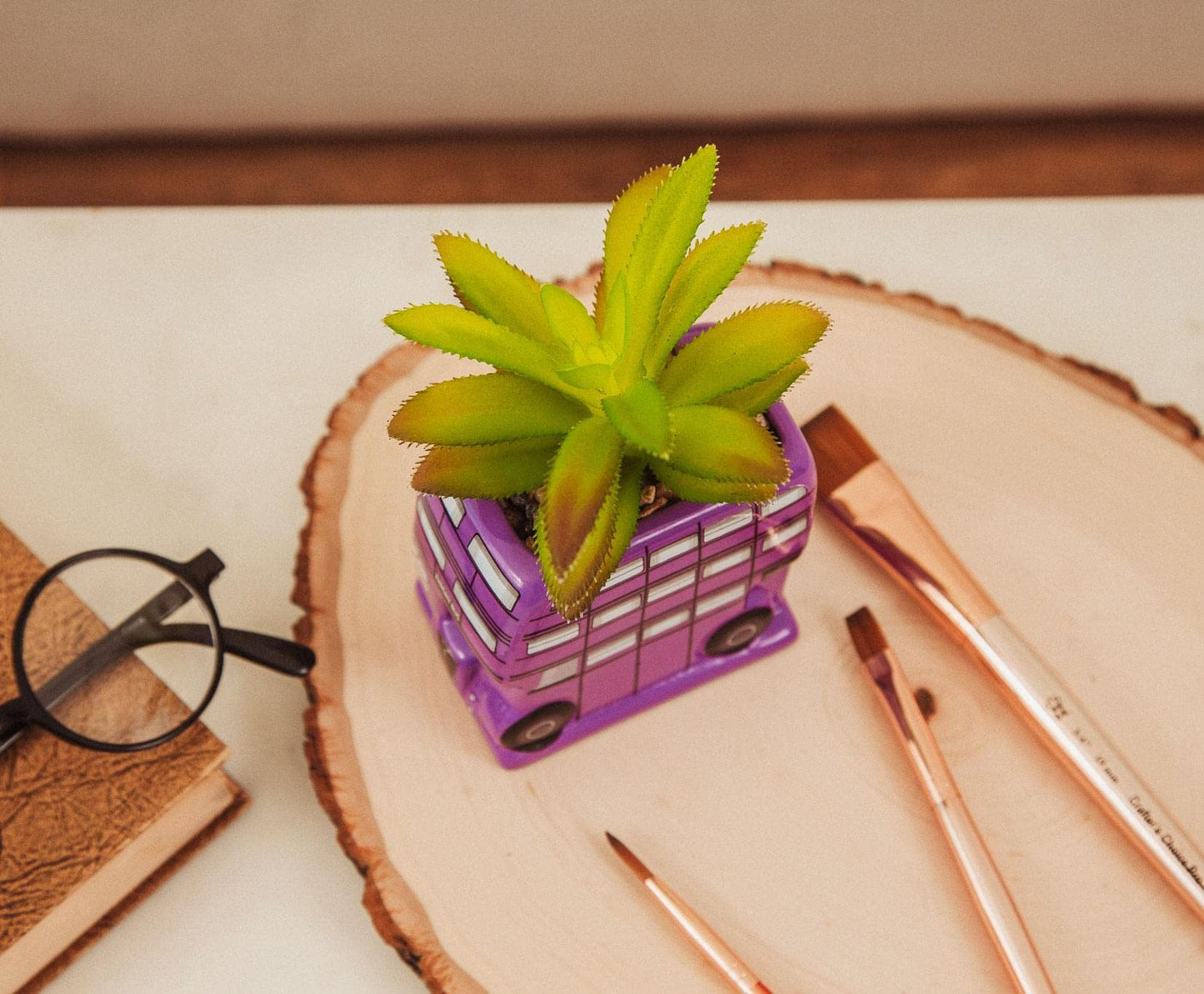Harry Potter Knight Bus 3-Inch Ceramic Planter With Artificial Succulent | Small Flower Pot, Faux Indoor Plant For Desk Shelf, Trinket Tray | Cute Home Decor, Wizarding World Gifts and Collectibles