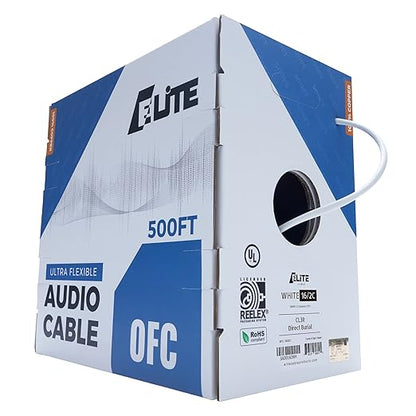 16/2 Audio Speaker Wire Cable, 16AWG/2-Conductor, UL Listed, CMR/CL3R, (Riser/in-Wall & Outdoor/In-Ground (Direct Burial)- 100% Oxygen Free Pure Bare Copper (OFC), 500ft Bulk Cable (65 Strands) White