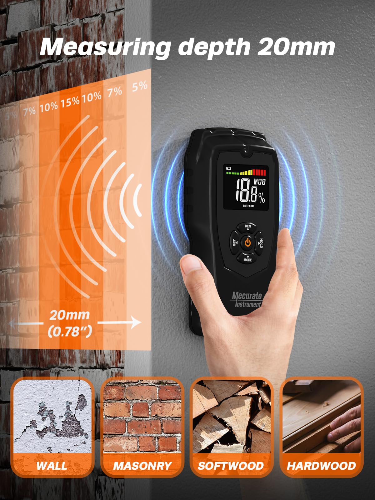 Moisture Meter Damp Meter Pinless Wood Moisture Meter for Walls Logs Firewood and Building Material, 4 Mode 9 Density Settings, Non-Destructive Moisture Detector with Backlit LCD and Alerts (Black)