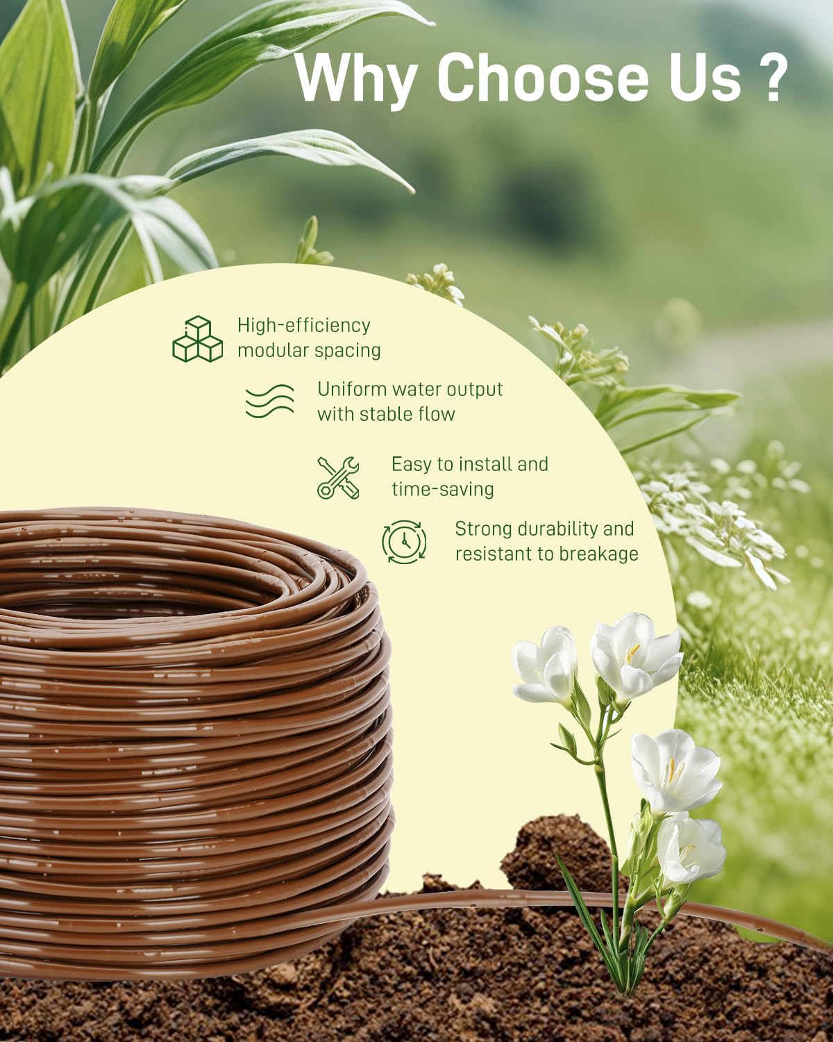 1/4" Drip Irrigation Tubing with 6" Emitter Spacing, (650 Ft Roll) Hydroponics Dripline with Built-in 0.5 GPH Dripper, Saving 80% Water, Drip Line for Garden Irrigation and Raised Beds (Brown)