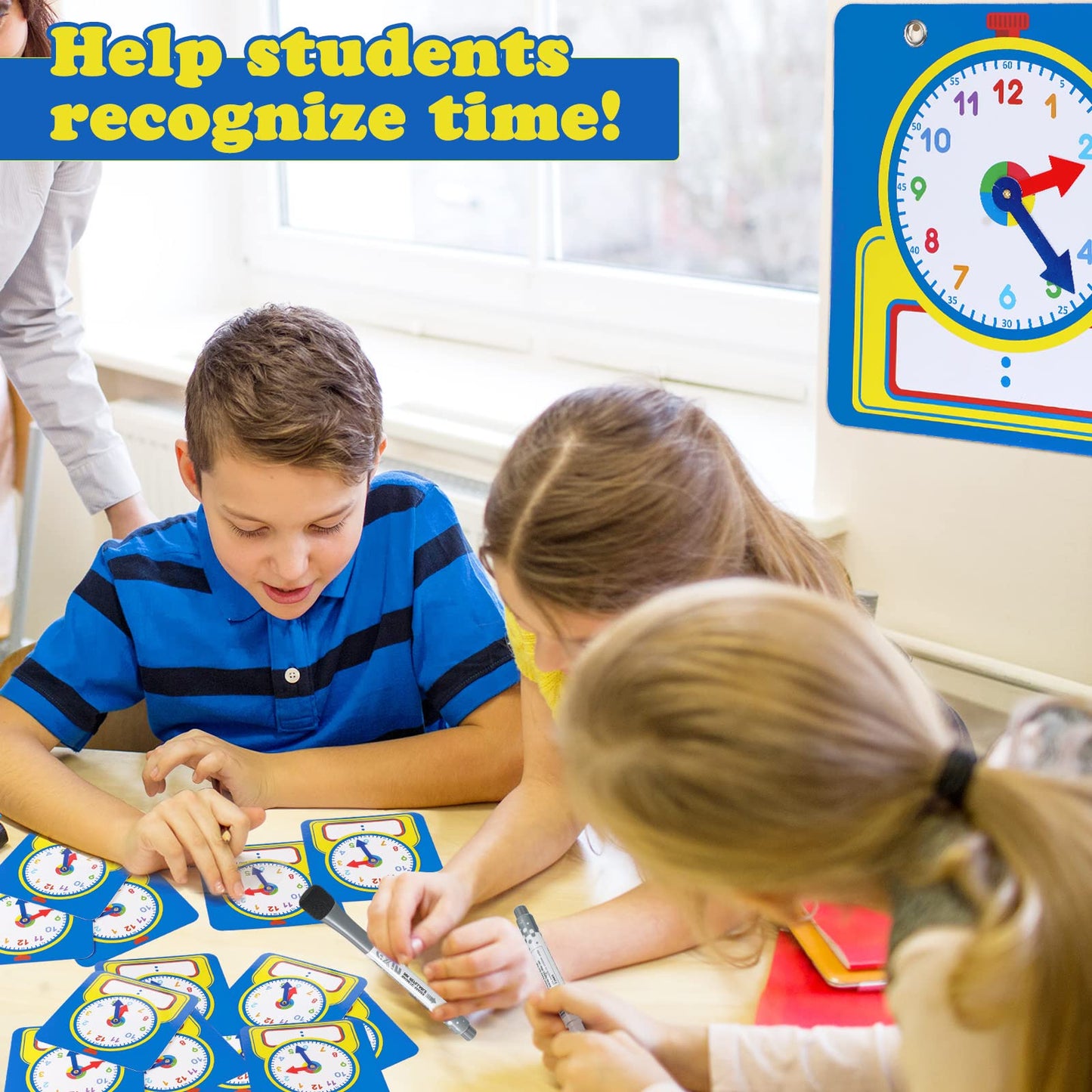 Junkin 25 Pcs Teaching Clock Kit, Learning Clocks for Kids Learning Time with Erasable Surface for Home School Classroom Supplies(Cute Style)
