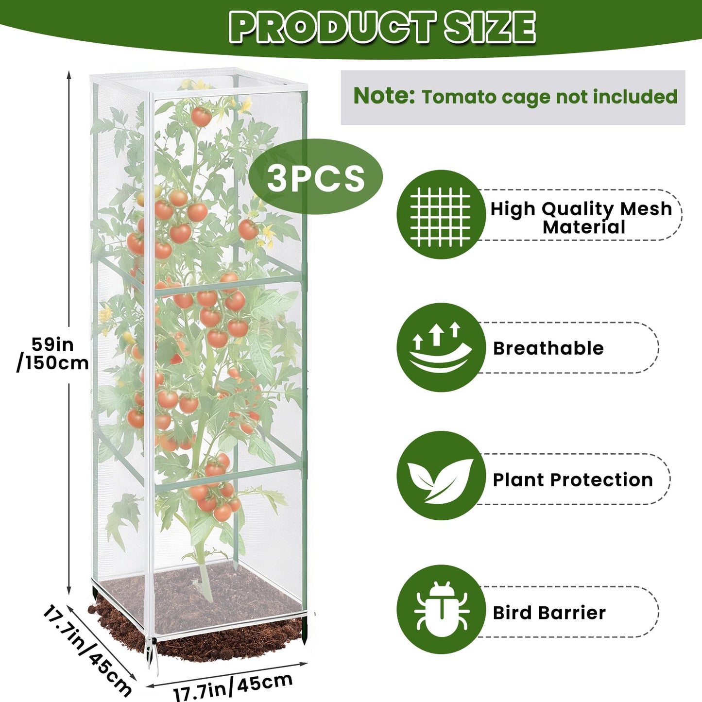 3 Pcs Garden Bird Net Cover for Square Tomato Cage, 59"x17.7" Insect Bird Barrier Tomato Cage Net with Zipper & Drawstring, Tomato Netting Protection Cover for Protecting,Cucumber from Birds, Insects