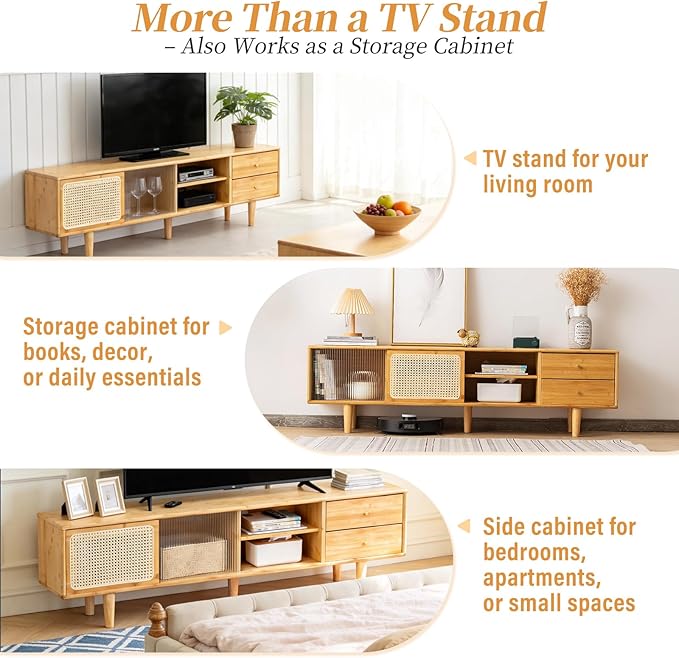 Tiita Rattan TV Stand for 55 60 Inch TV, Bamboo TV Cabinet