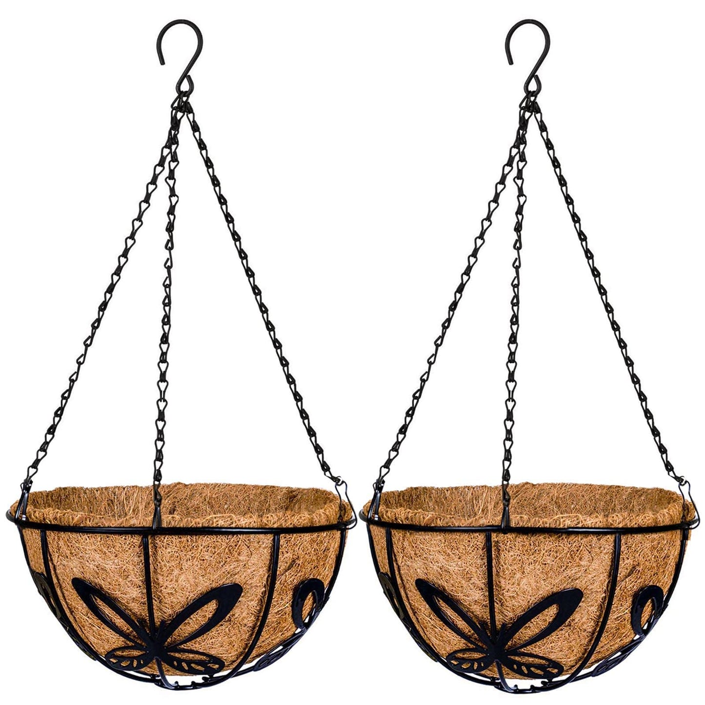 Kingbuy Metal Hanging Planter Basket with Coconut Fiber Liner Chain Wire Plant Holder 10 Inch Flower Pot for Indoor Outdoor Decor, Butterfly Pattern, 2 Pack