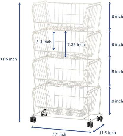 PUSDON 4-Tier Spacious Stackable Wire Storage Baskets with Wheels, Metal Rolling Utility Cart, Produce Basket for Pantry, Bathroom Organizer Shelf, Classic White