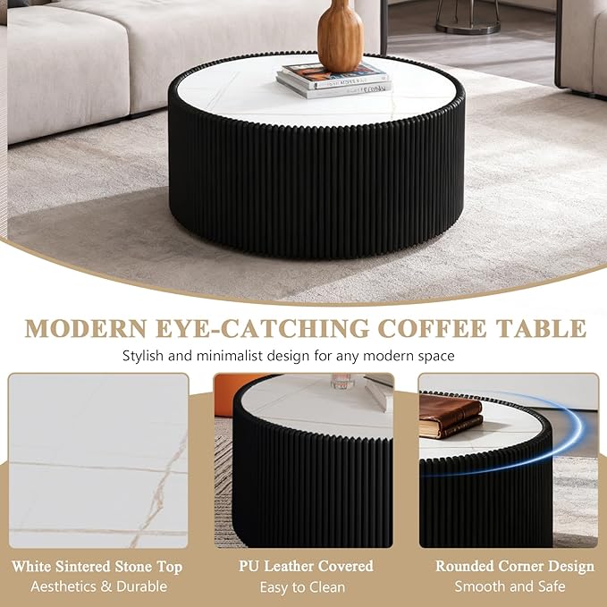 Round Marble Coffee Table Set of 2, 2 Piece White Coffee Table and End Table Set