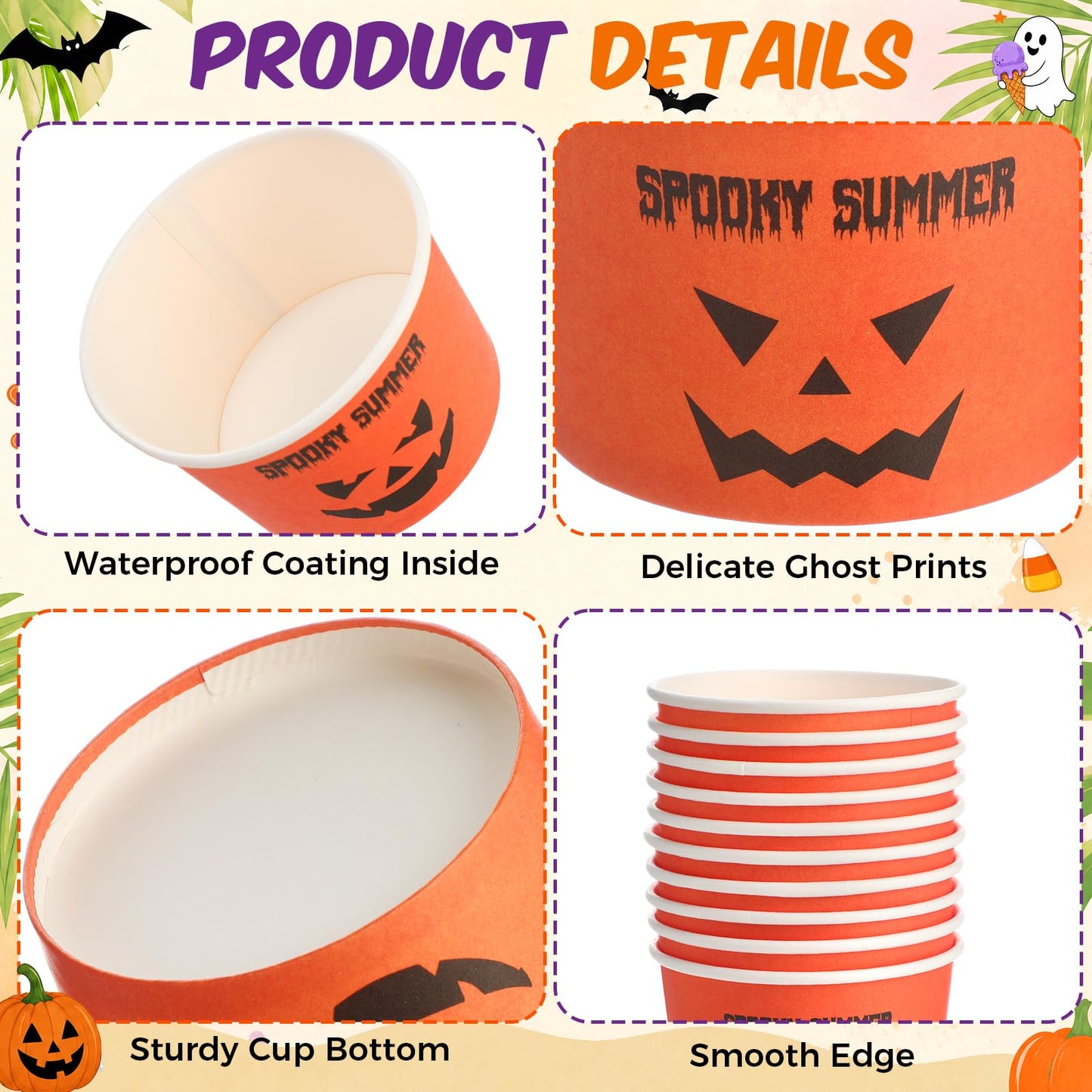 Jingmore 50 Count Summer Halloween Ice Cream Paper Cups Ghost Face Disposable Dessert Bowls Summer Halloween Cute Jack-o-lantern Treat Orange Cups for Hawaii Beach Party Supplies Sundae Yogurt Soup