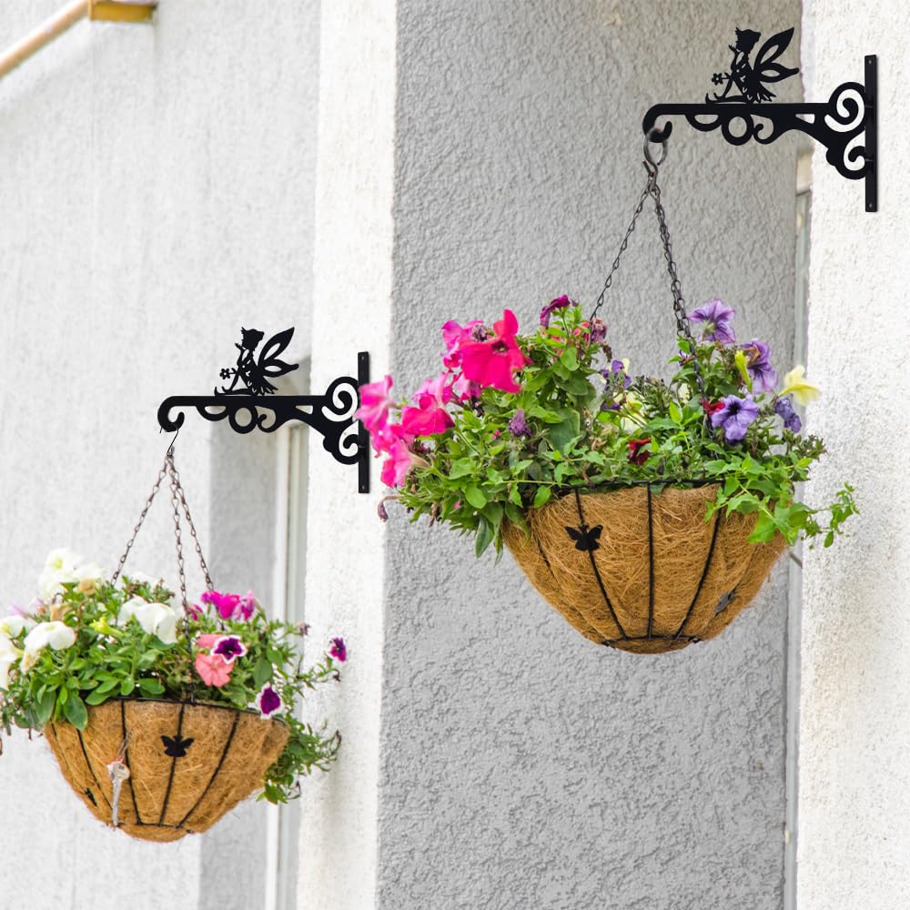 hogardeck Plant Hangers Outdoor Decor, 2 Pack 10” Metal Hanging Plant Bracket with Fairy for Garden Patio Yard Decor, Anti Rust Plant Hooks for Hanging Plants, Bird Feeder, Wind Chime, Lantern