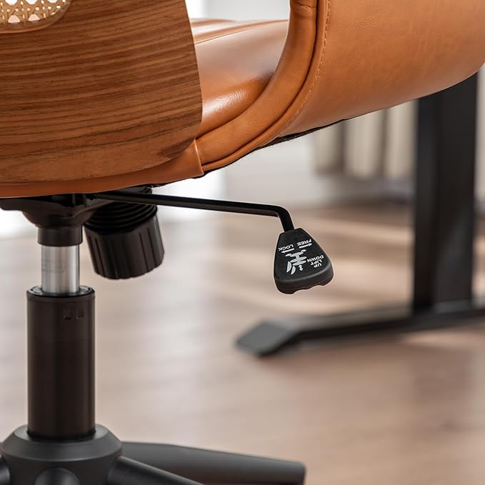 Home Office Desk Chair with Ergonomic Rattan Backrest, Walnut Crafts, Curved