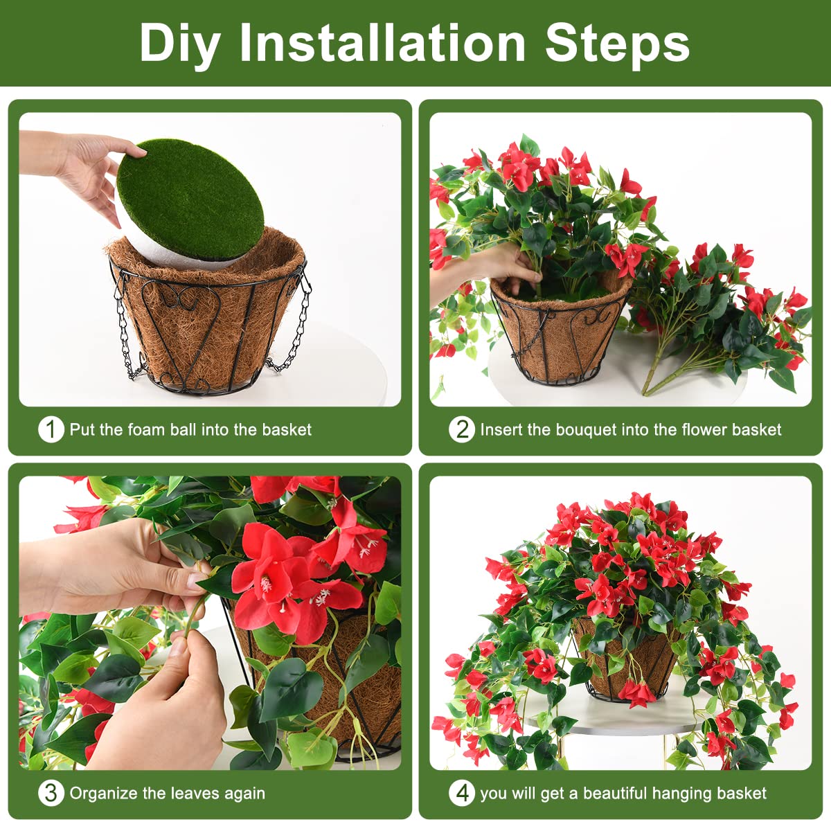 Homsunny Artificial Hanging Flowers Plants Basket for Outdoor Decoration,4 PCS Faux Silk Bougainvillea Vine Flowers Look Real UV Resistant for Outside Porch Patio Yard Garden Decor(Red)