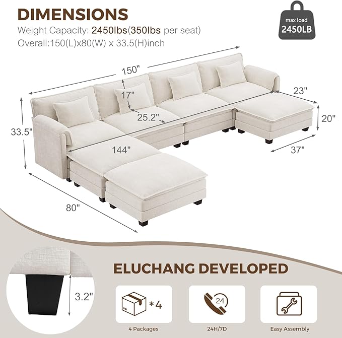 ELUCHANG 150'' Modular Sectional Cloud Couch, Modern Comfy Chenille U Shaped