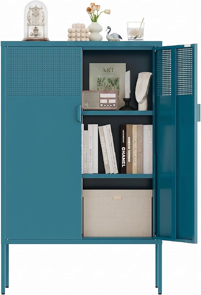 Metal Storage Cabinet, 2 Door TV Stand, Metal Mesh Accent Cabinet, Magnetic