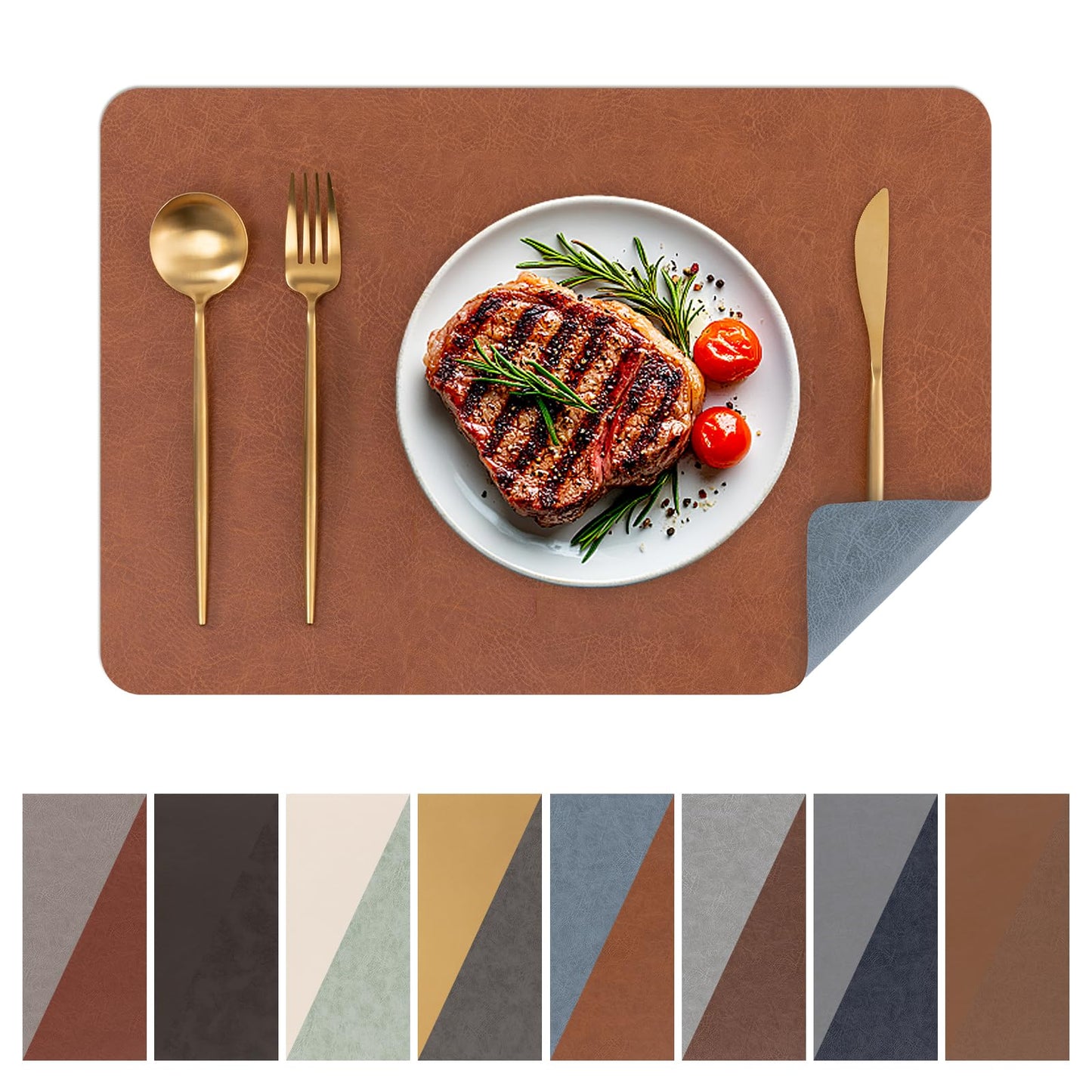 SHACOS Faux Cowhide Leather Placemats Set of 6, Wipeable Water Heat Resistant Place Mats, Stain Resistant Table Mats for Dining Table Kitchen Decor, Brown Blue