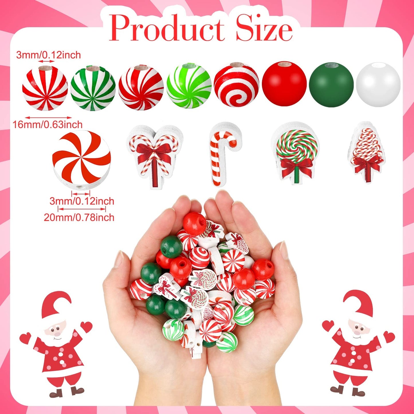 Qunclay 200 Pcs Christmas Beads for Crafts Wooden Christmas Beads Red Green and White Peppermint Candy Cane for Jewelry Making Holiday DIY Garland Party Tree Hanging Home