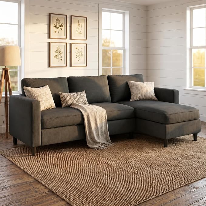 SUNLEI Small L-Shaped Sectional Couch, Modern Grey Couch
