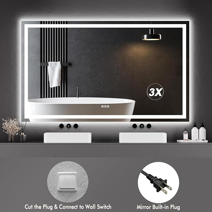 60 x 36 Inch Smart LED Bathroom Mirror，Dimmable Front + Backlit Illumination