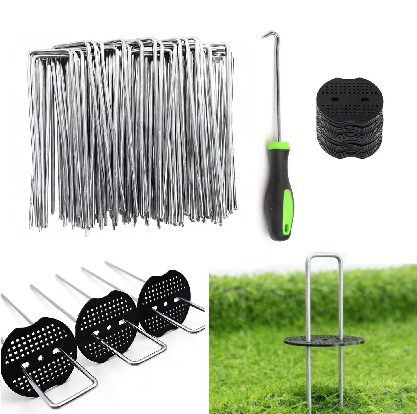 4 Inch 50 PCS Galvanized Landscape Staples with 50 PCS Gasket, Landscape Fabric Pins Stakes Lawn Ground Cover Graden Staples Spikes Weed Barrier Stakes