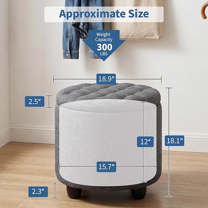 Furniliving 19 Inch Storage Round Ottoman, Footstools
