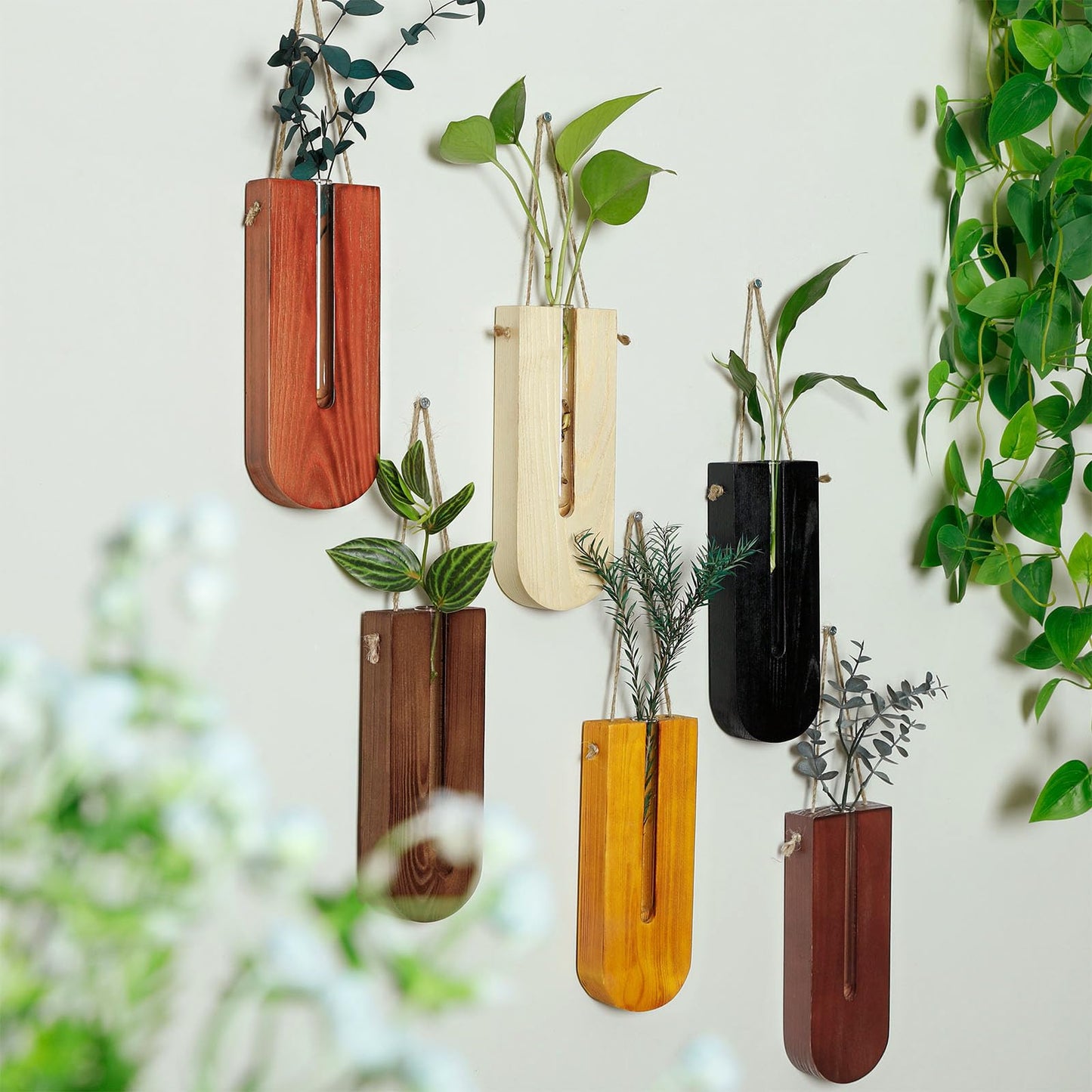 6 Pack Wall Planters for Indoor Plants, Wooden Hanging Planter, Propagation Station, Wooden Pocket Vase, Wood Wall Decor for Living Room Bedroom Bathroom