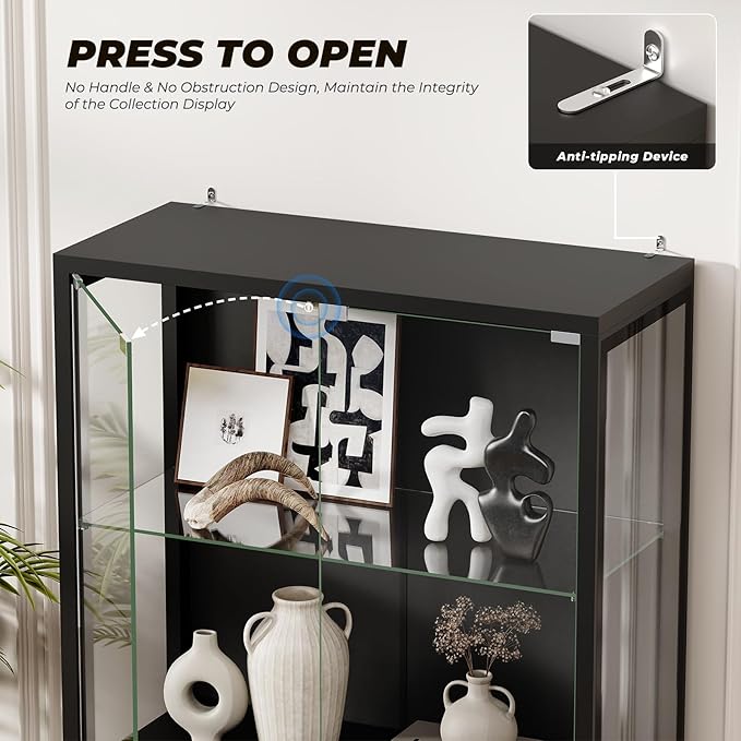 Display Cabinet with Glass Doors, 4-Tier Curio Cabinet with 3 Color Lights