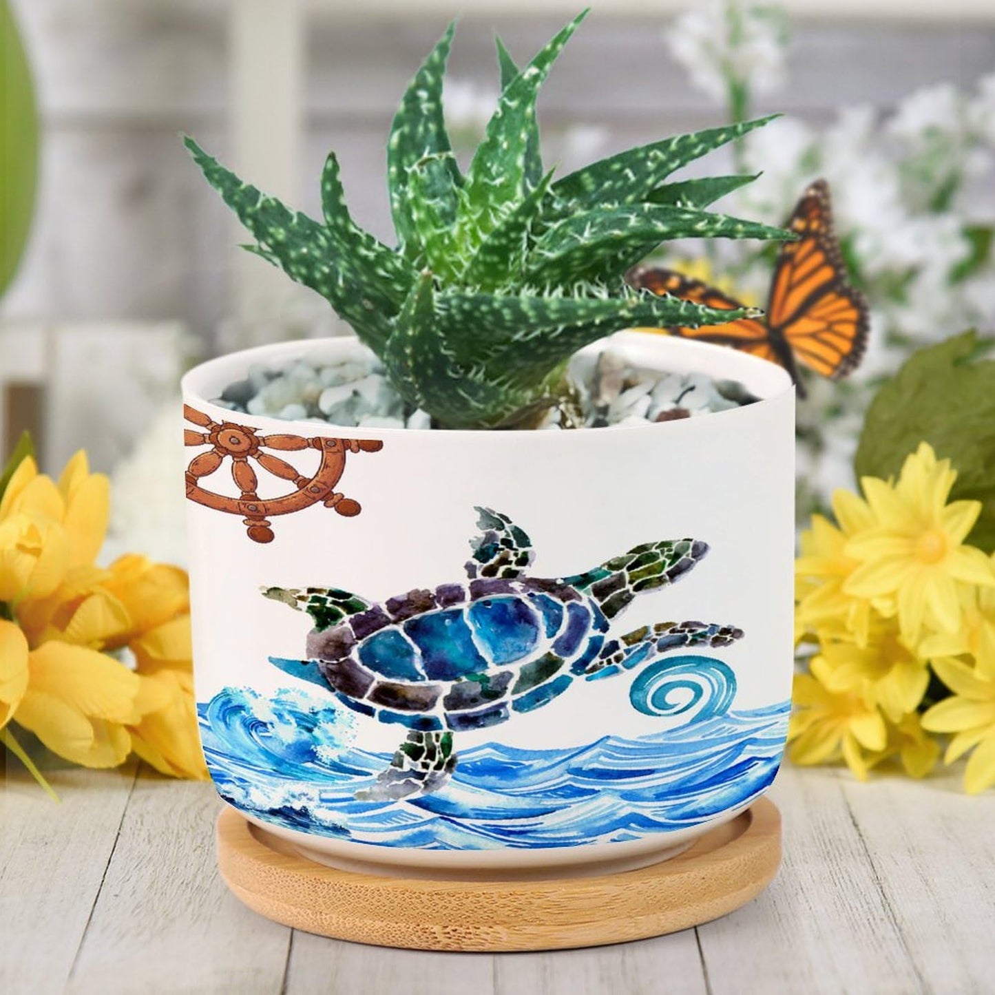 DreamAutumn Ocean Theme Sea Turtle Planter Ceramic Round Plant Pots with Drainage Holes and Bamboo Tray Planting Small Flower Pots for Home Windowsill Desk Garden Indoor Outdoor Use