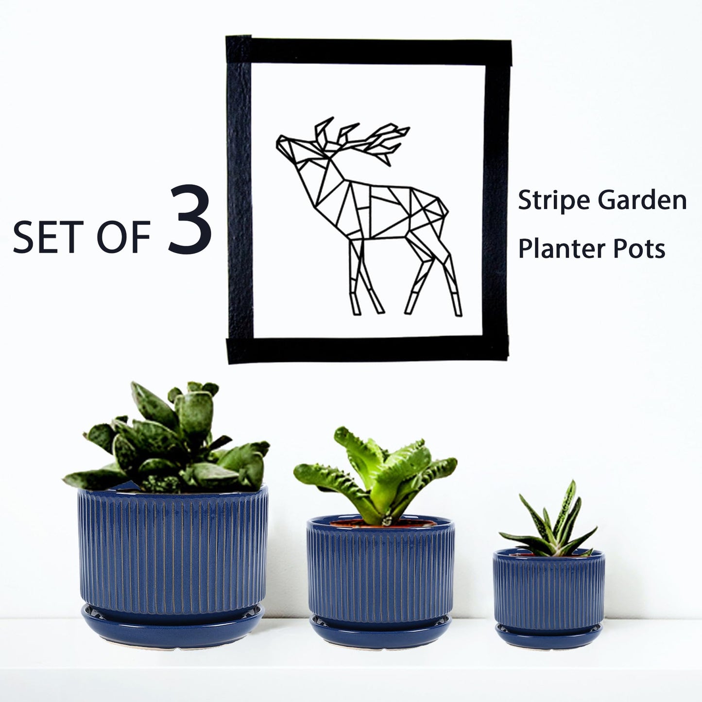 TANEW Ceramic Plant Pots with Drainage Hole and Saucer, Set of 3, 4.3+5.5+6.7 Inch Stripe Garden Planter Pots for Outdoor Indoor Succulent Orchid Plants Flower, Gifts for Mom, Reactive Glaze Blue