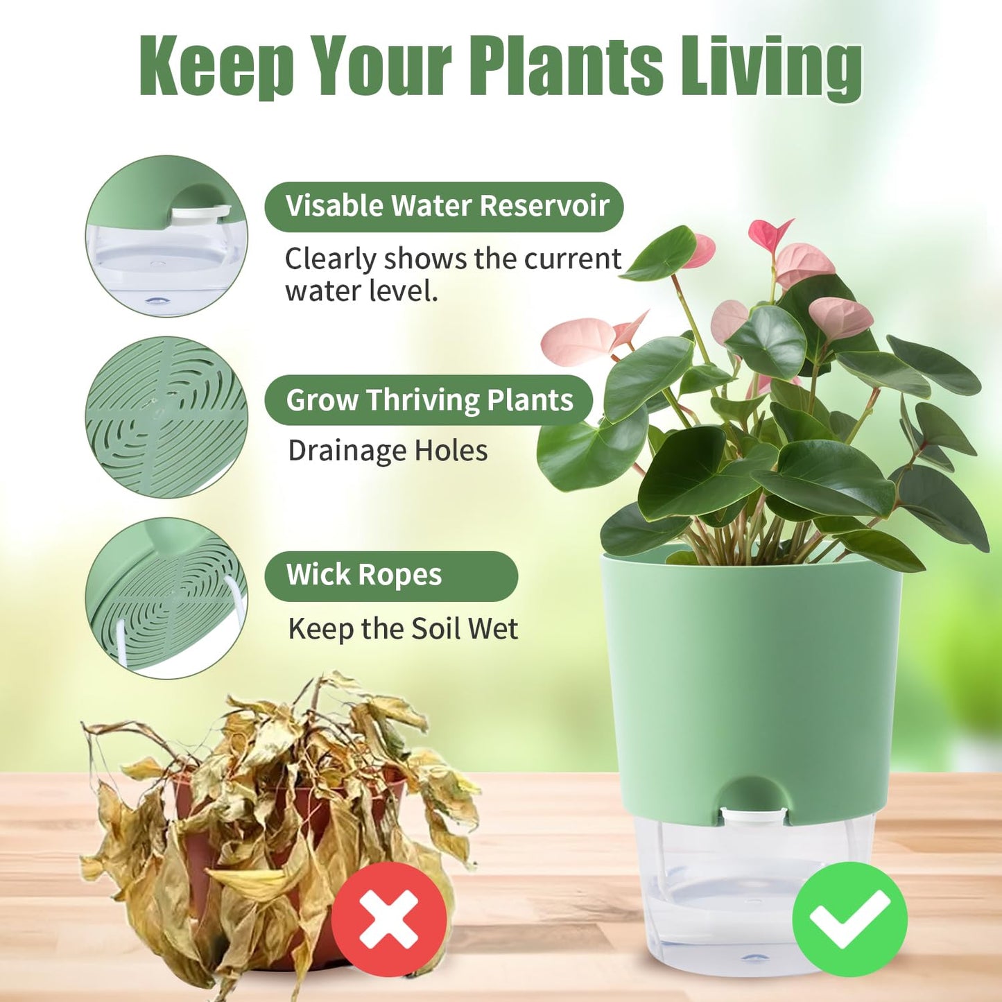 Oliz Plant Pots Indoor 4 Packs Self Watering Pots for Indoor Plants 7.4/6.3/6.3/4.9 inchs, African Violet Pots Planter with Visible Reservoir Self Watering Planter for Herb, House Plant Planting