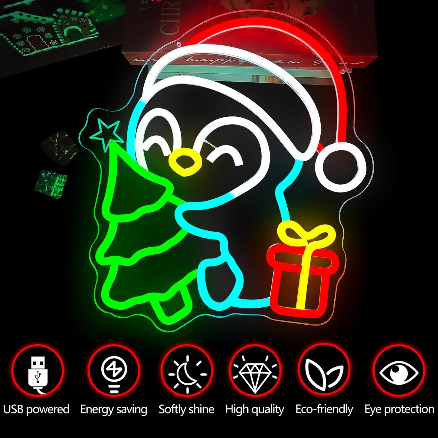 Christmas Penguin Neon Sign for Wall Decor Penguin Christmas Decorations Dimmable Light Up sign for Window Led Signs for Gifts