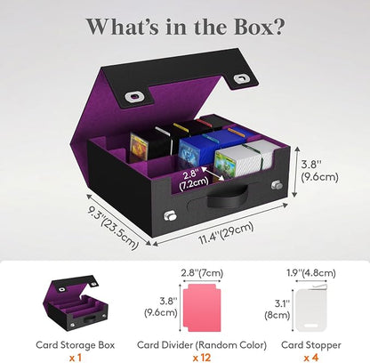 Lifewit Trading Card Storage Box with Handle, Holds Up to 1800 Sleeved Cards with 12 Adujstable Dividers & 4 Stoppers, Aluminum Closure PU Leather Case for MTG, PTCG, YGO, Sports Cards, Black& Purple