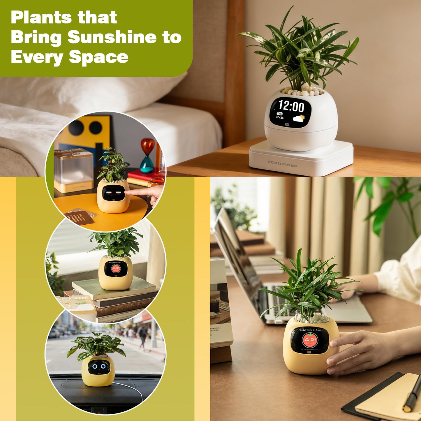 Smart Plant Pot with Visual Display – Soil Moisture, Water Level, Light & Battery Monitor, 80ml Self-Watering Reservoir, Supports 100+ Plants, Pomodoro Timer, Clock & Calendar-Pink-Yellow