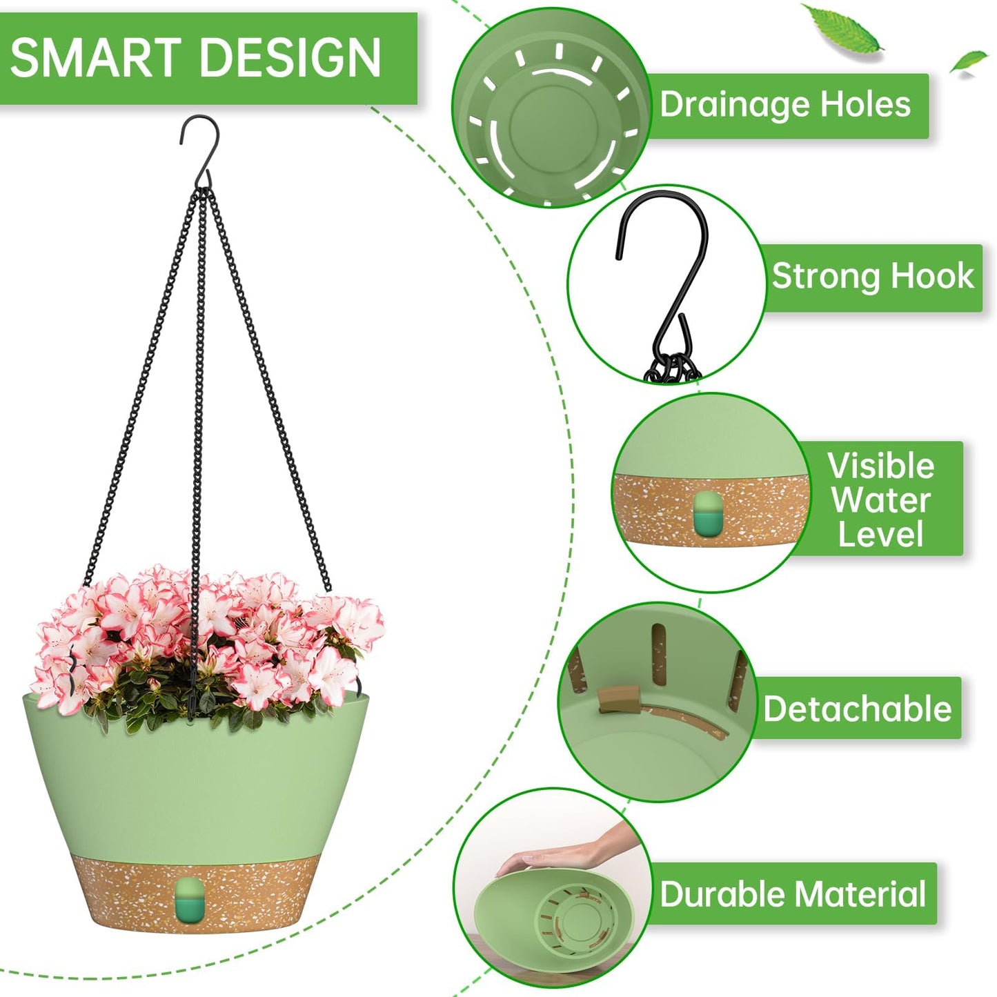 ZMTECH 2 Pack 10 Inch Hanging Planters for Indoor Plants, Modern Hanging Planter with Visible Water Level Window & Removable Tray, Green Plant Hanger Indoor for Home & Patio