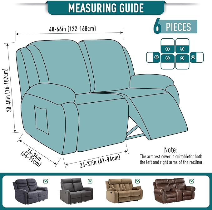TAOCOCO Recliner Loveseat Slipcover, 6 Pieces Dual Recliner Sofa Covers