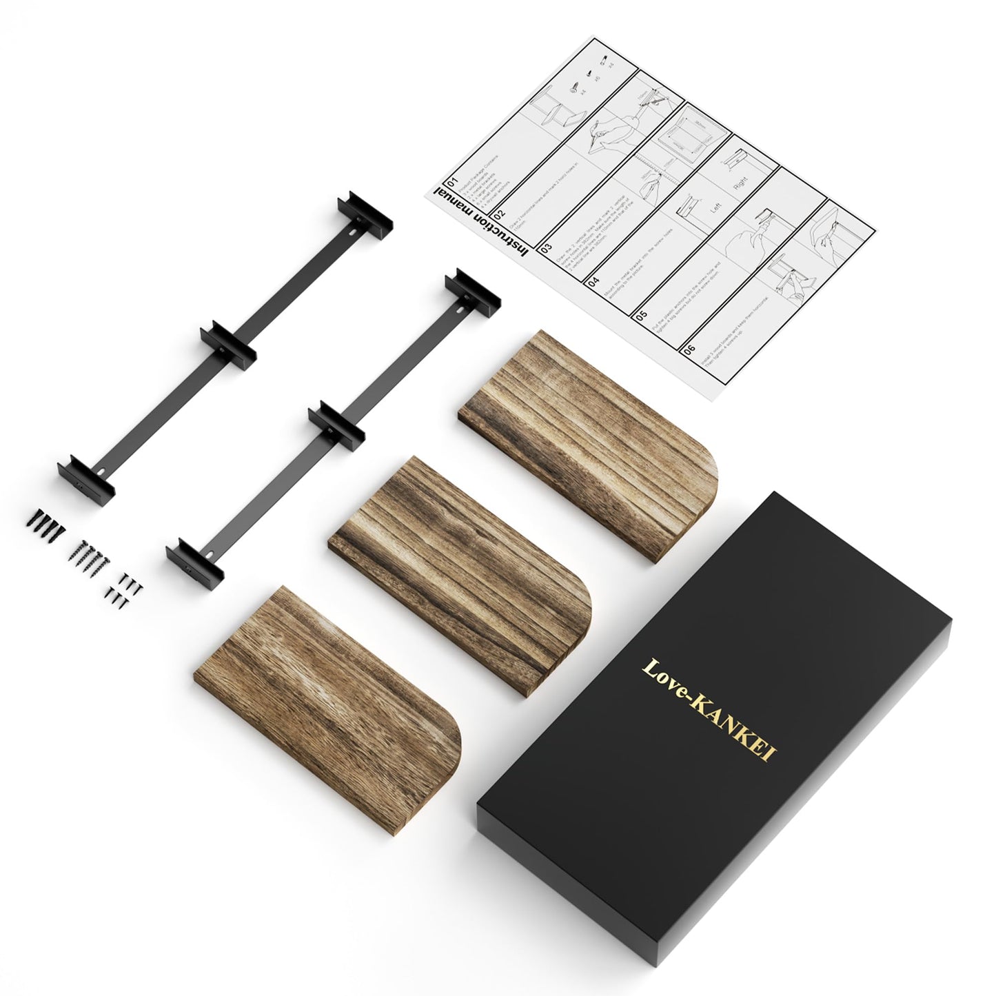 Love-KANKEI Corner Shelf Wall Mount of 3 Tier Rustic Wood Floating Shelves for Bedroom Living Room Bathroom Kitchen Office and More Carbonized Black
