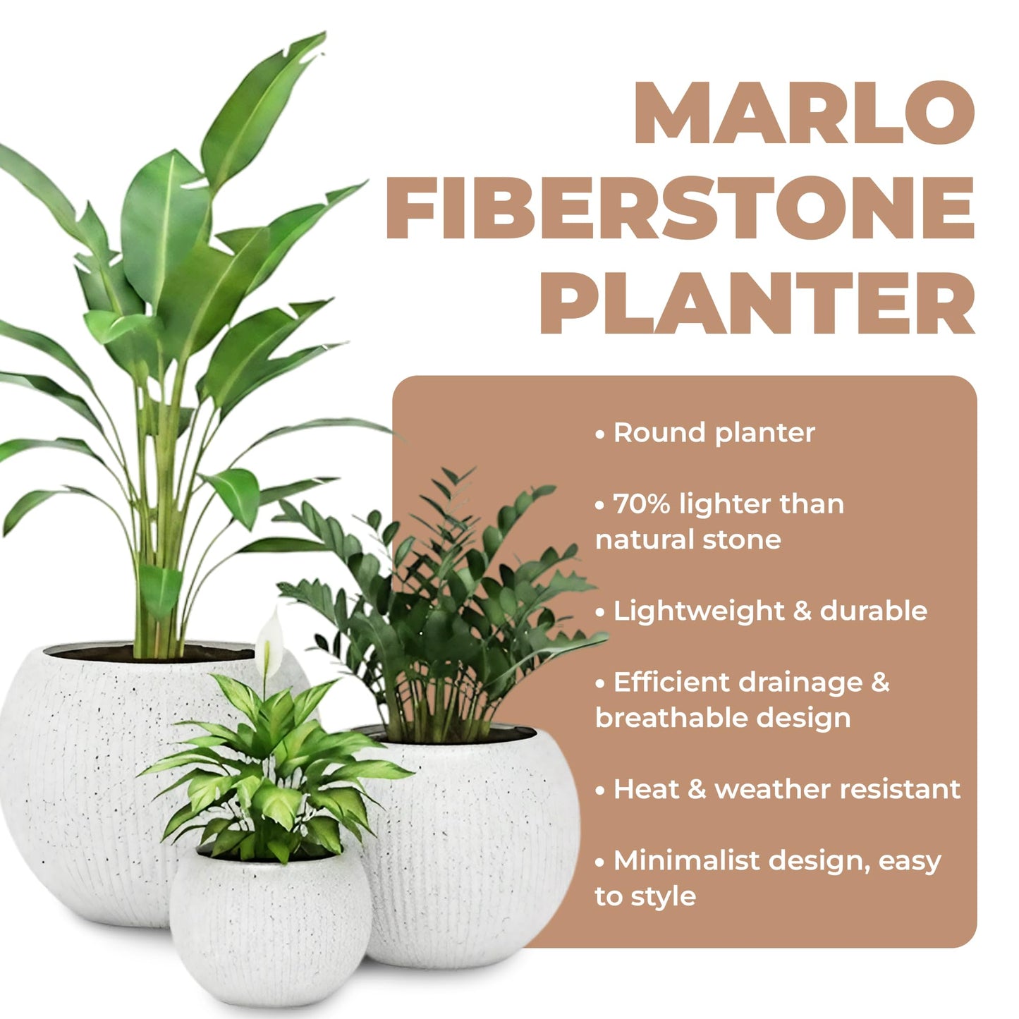 DEPLA LANE Marlo Fiberstone Round Planter (8.5" Pot Opening x 12..6"D x 9.8"H) Ribbed Finishes, Lightweight, Durable, UV Resistant, Modern Minimalist Home Decor, Indoor Outdoor Pot (S, Ribbed White)
