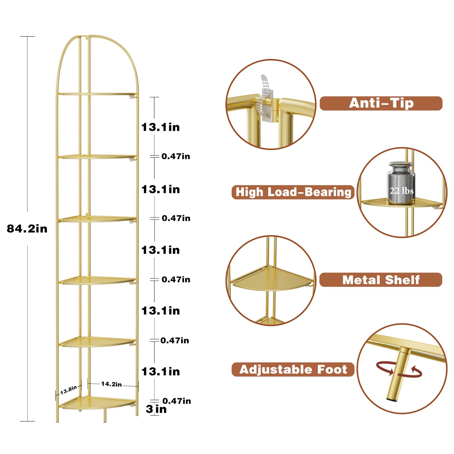 Crofy Foldable 6 Tier Corner Shelf, Metal Corner Plant Stand with Gold Frame and Gold Shelves, Corner Display Rack Multipurpose Shelving Unit for Living Room, Bedroom, Bathroom